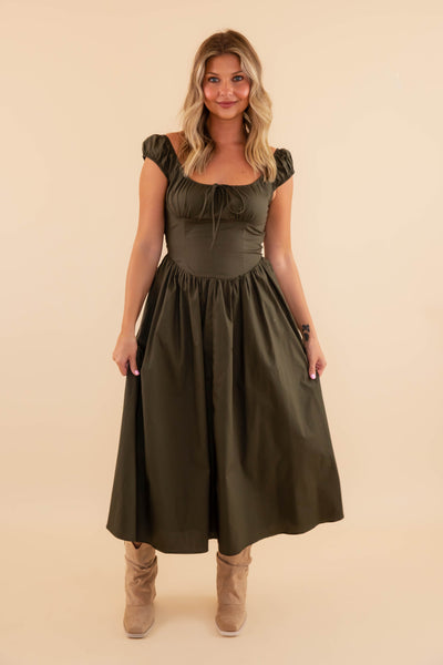 Women's Olive Midi Dress- Fitted Olive Midi Dress- Creamon Olive Dress