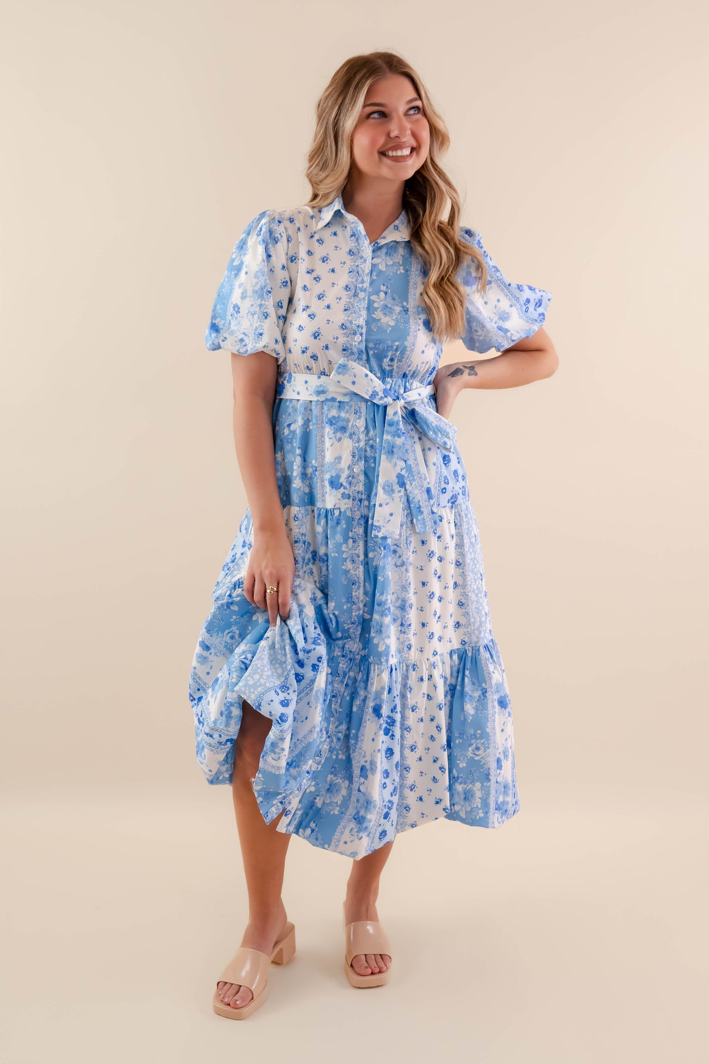 Floral Patchwork Midi Dress- Women's Blue and White Dress- PeachLove Midi Dress