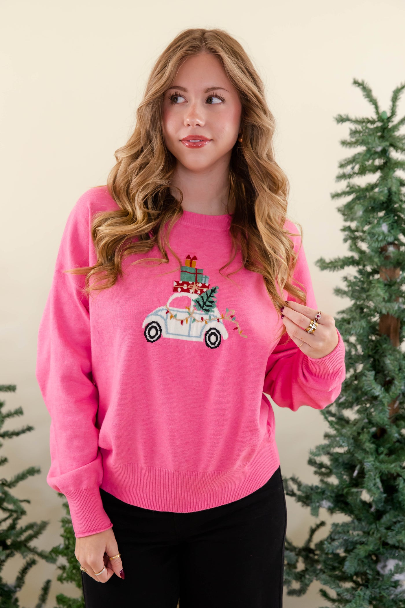 Women's Pink Festive Christmas Sweater- Preppy Christmas Sweater- Le Lis Pink Christmas Sweater