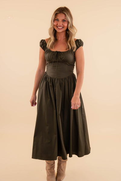 Women's Olive Midi Dress- Fitted Olive Midi Dress- Creamon Olive Dress