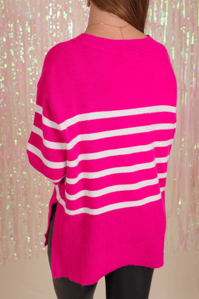Women's Hot Pink Stripe Sweater- Women's Pink Stripe Sweater- Women's Oversized Stripe Sweater