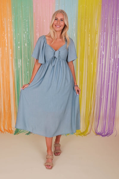 Women's Denim Blue Midi Dress- Women's Blue Summer Dress- Wedding Guest Dresses