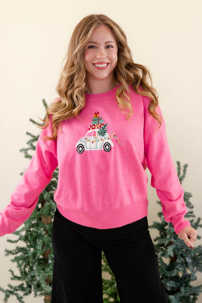Women's Pink Festive Christmas Sweater- Preppy Christmas Sweater- Le Lis Pink Christmas Sweater