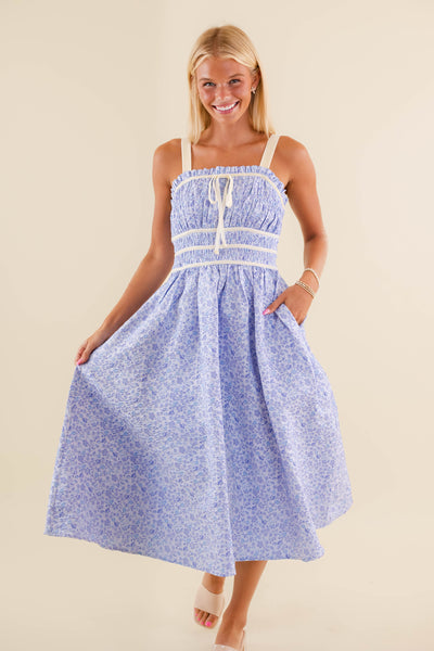 Light Blue Floral Midi Dress- Jacquard Midi Dress- Women's Blue Dress With Bows