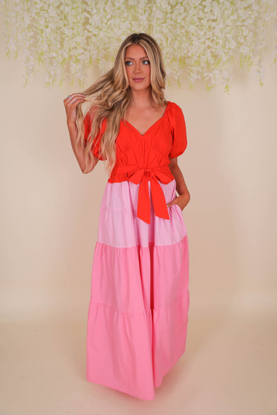 Women's Statement Maxi Dress- Pink and Red Maxi- Ces Femme Maxi Dress