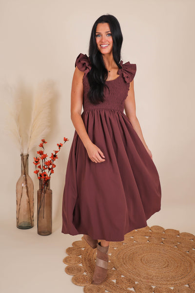 Ruffle Shoulder Smocked Dress- Women's Conservative Dresses- Entro Midi Dresses
