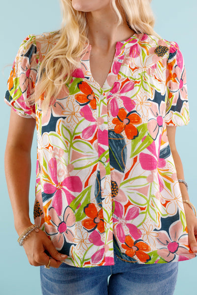 Women's Floral Button Down Blouse - Preppy Tropical Blouse- Floral Top by Fate