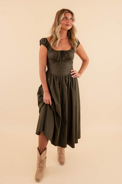 Women's Olive Midi Dress- Fitted Olive Midi Dress- Creamon Olive Dress