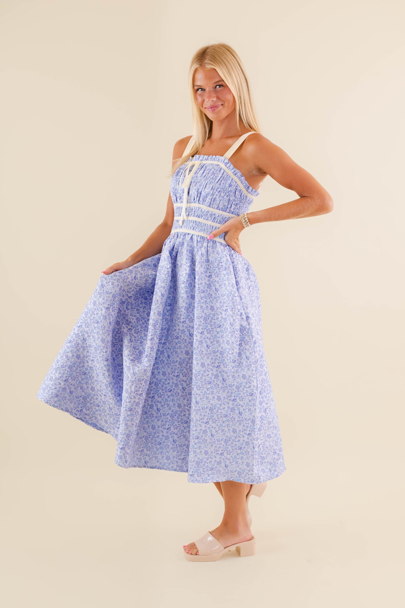 Light Blue Floral Midi Dress- Jacquard Midi Dress- Women's Blue Dress With Bows