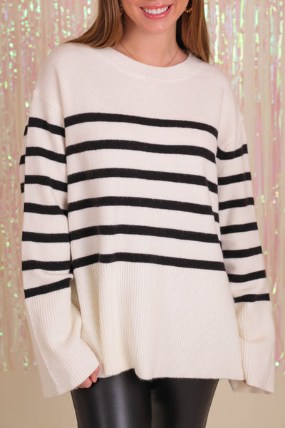 Women's Black Stripe Sweater- Women's White Stripe Sweater- Women's Oversized Stripe Sweater