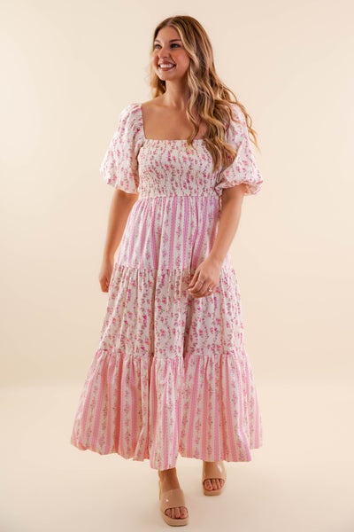 Whimsical Floral Print Maxi Dress- Women's Cottagecore Maxi- PeachLove Dresses