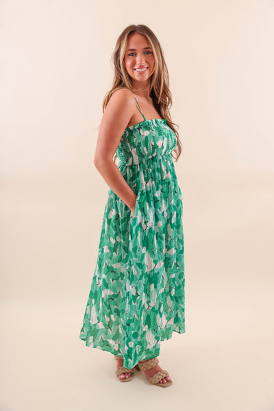 Green Leaf Midi Dress with Smocked Chest - Casual Midi Dress with Leaf Print Design