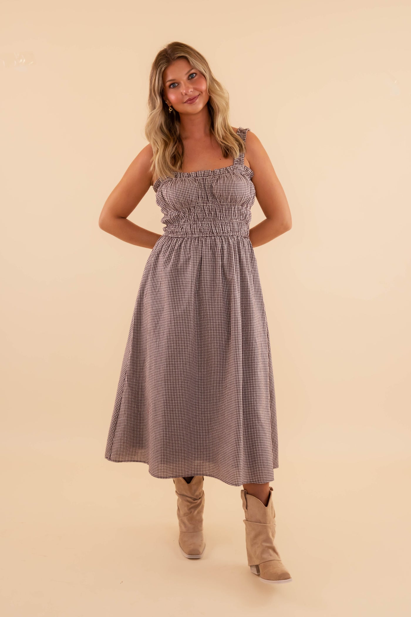 Women's Brown Gingham Midi Dress- Classic Gingham Dress- Needi Brown Gingham Dress