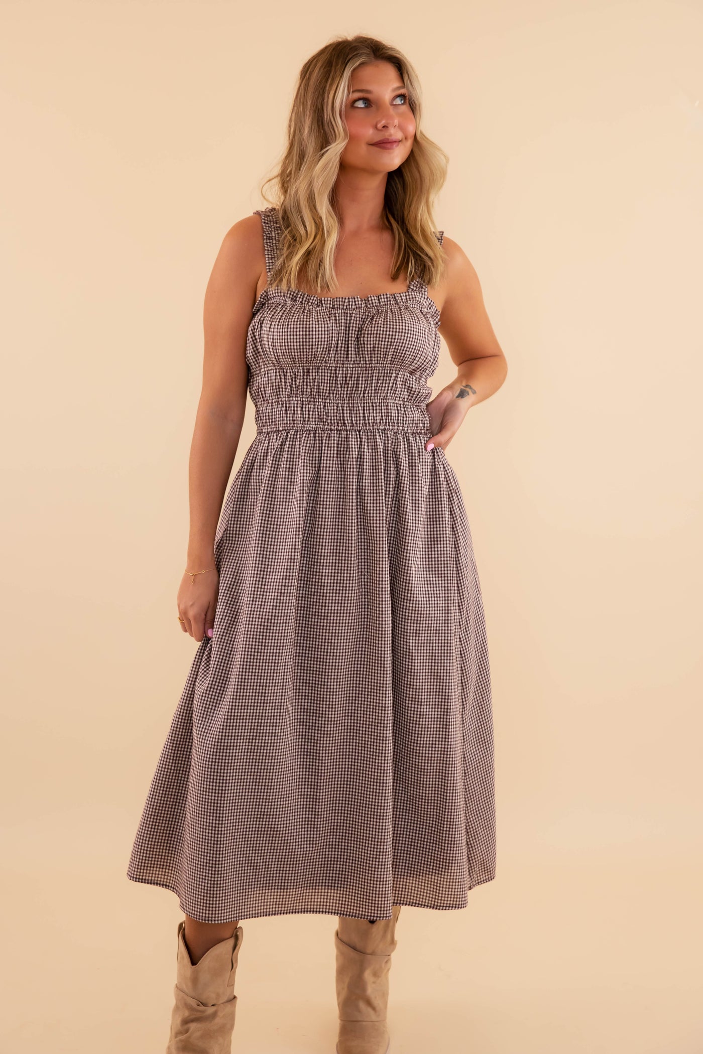 Women's Brown Gingham Midi Dress- Classic Gingham Dress- Needi Brown Gingham Dress