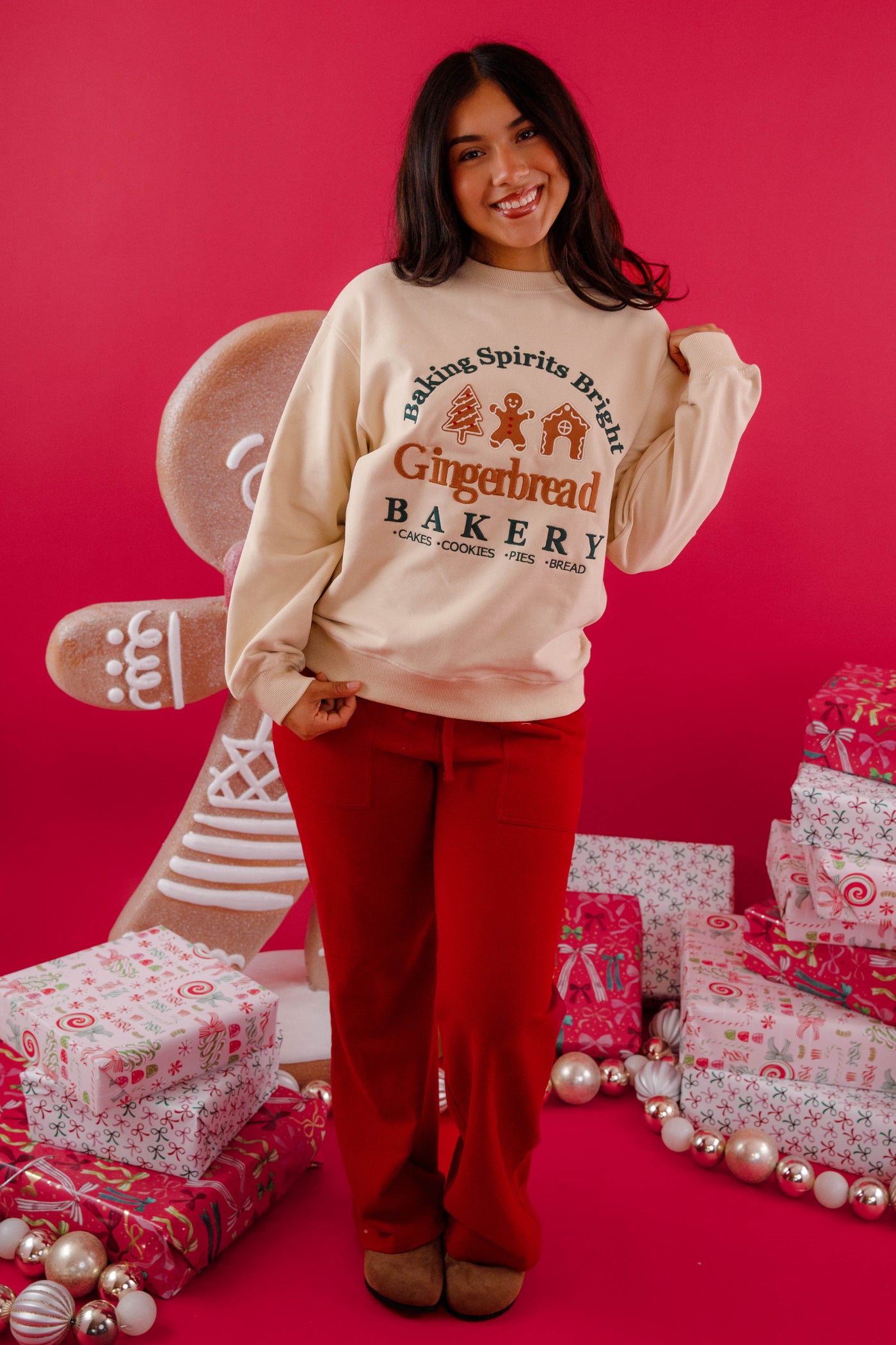 Baking Spirits Bright Gingerbread Sweatshirt- Festive Christmas Baking Sweatshirt- Lelis Gingerbread Embroidered Sweatshirt