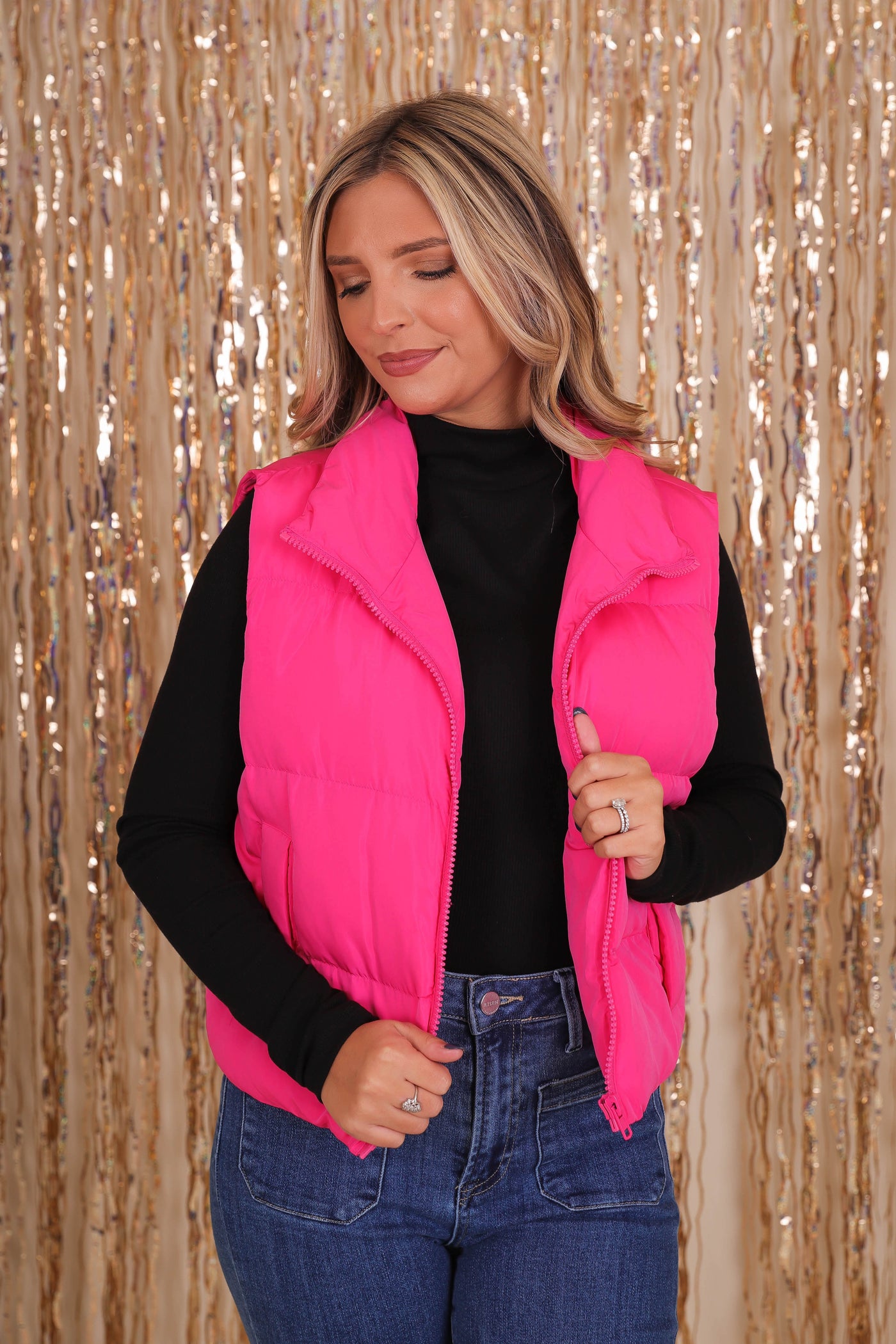 Women's Hot Pink Puffer Vest- Pink Cropped Puffer Vest- Entro Clothing Vest