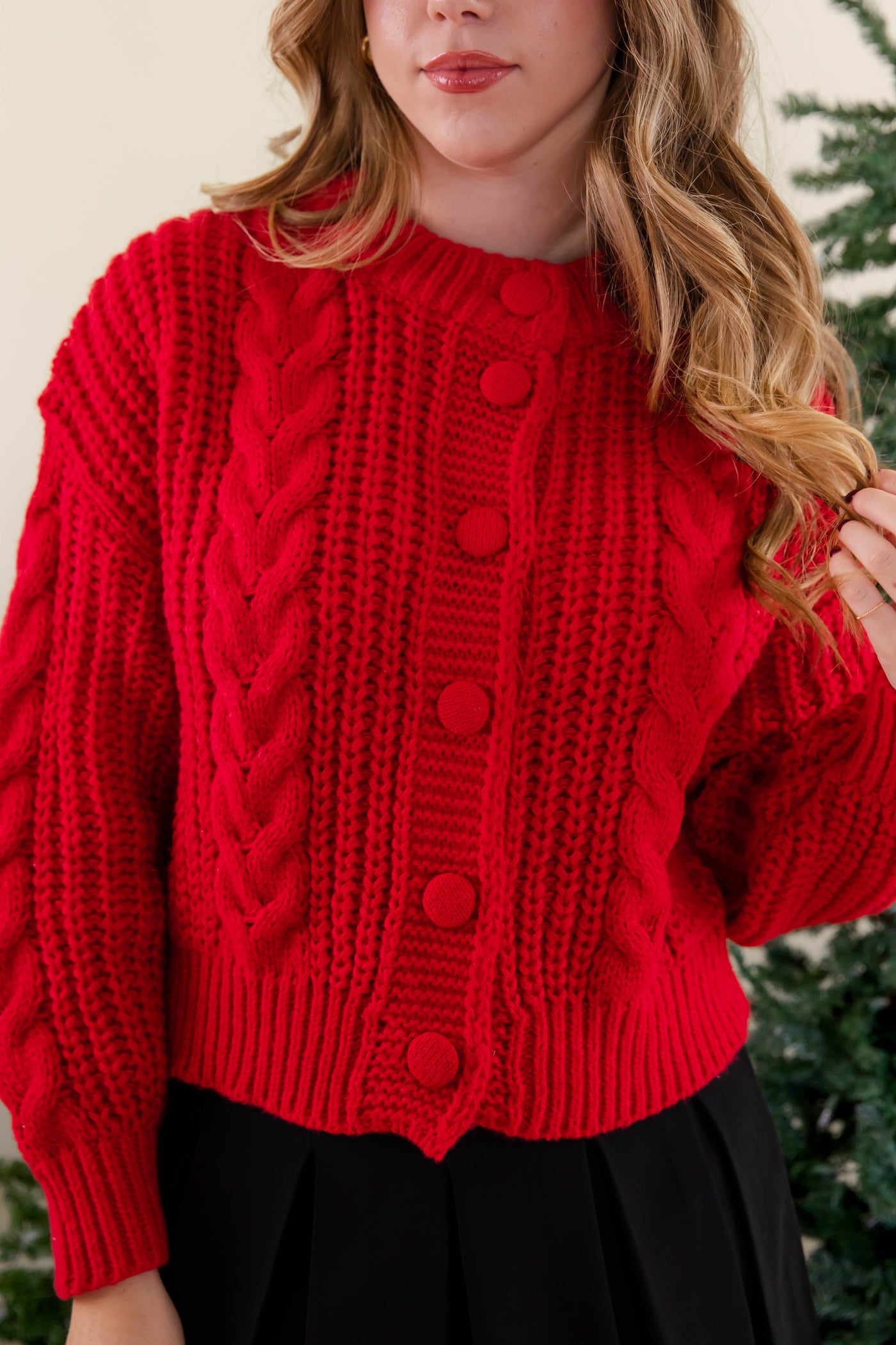 Women's Red Cable Knit Cardigan- Women's Button Down Cardigan- She + Sky Red Cardigan