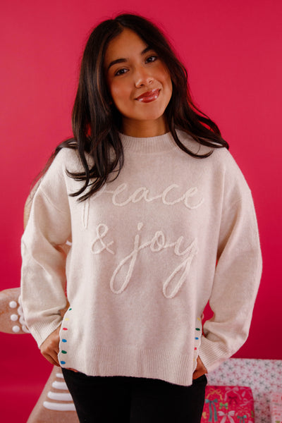 Peace and Joy Sweater- Neutral Holiday Sweater- Lelis Peace and Joy Christmas Lights Sweater