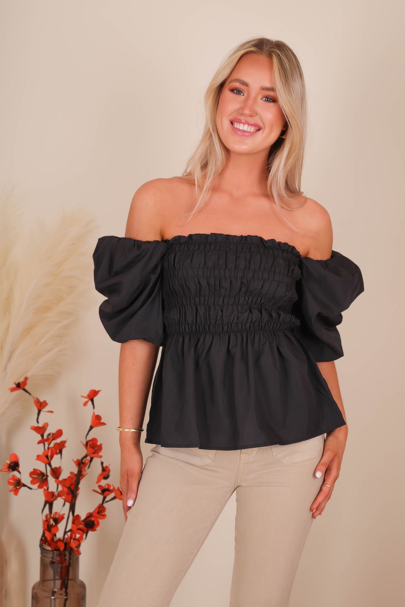 Poplin Sleeve Blouse- Cute Going Out Tops- Women's Smocked Top