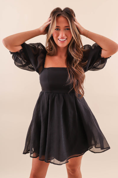 Women's Mini Dress- Black Puff Sleeve Dress- Vintage Shop Dress