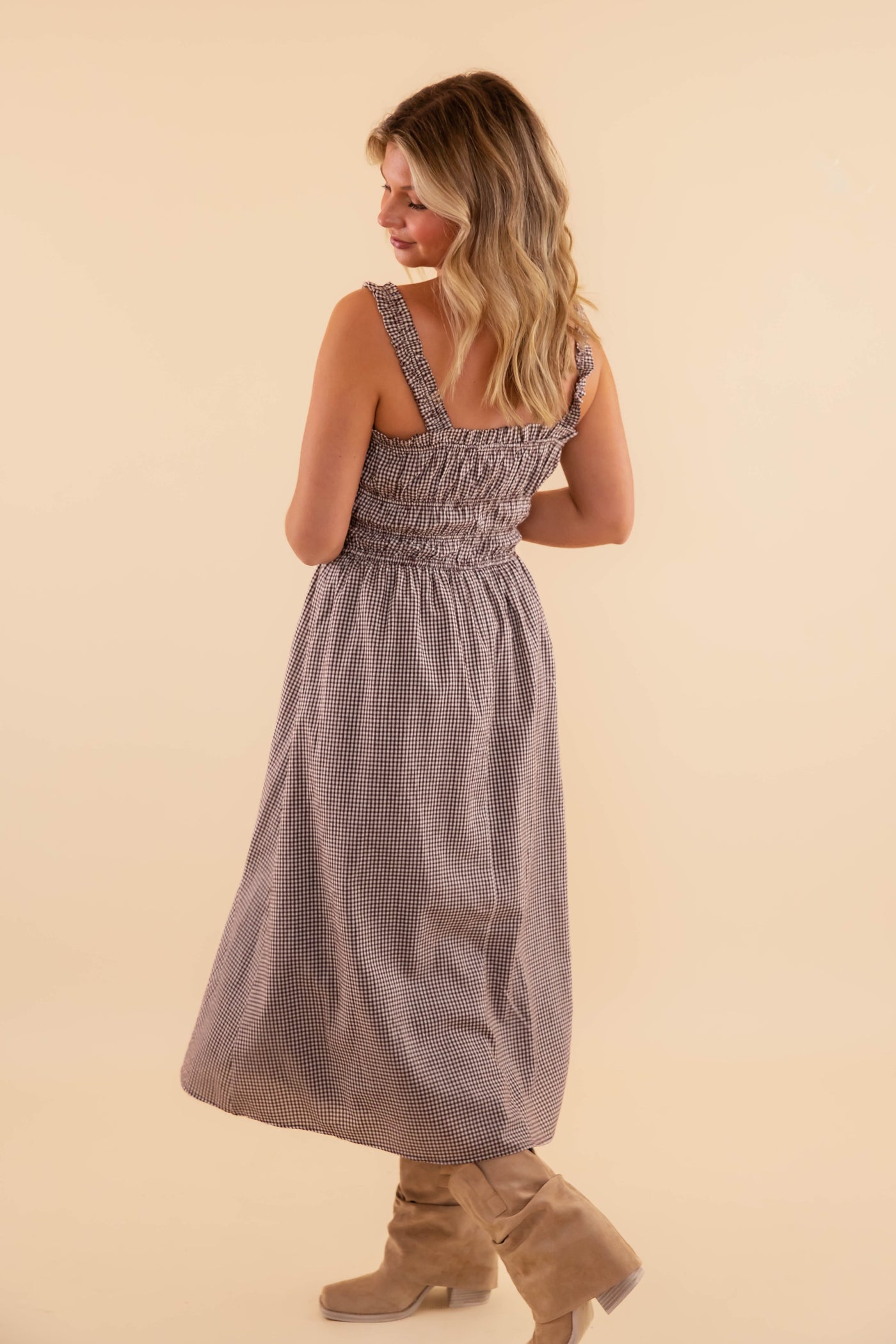 Women's Brown Gingham Midi Dress- Classic Gingham Dress- Needi Brown Gingham Dress