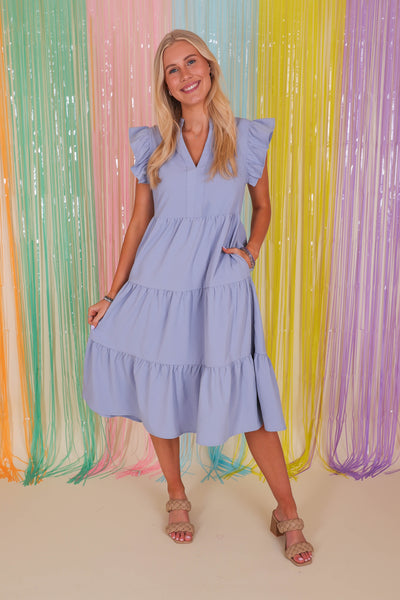 Women's Blue Midi Dress- Tiered Ruffle Midi Dress- Entro Ruffle Midi Dress