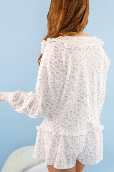Dainty Floral Print Ribbed Pajama Top- White Ruffle Pajamas- Women's Pajama Short Set