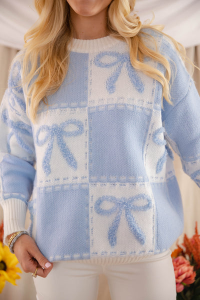 Blue Bow Embroidery Sweater- Women's Ribbon Sweater- Check Print Sweater