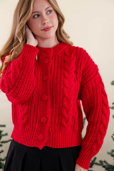 Women's Red Cable Knit Cardigan- Women's Button Down Cardigan- She + Sky Red Cardigan
