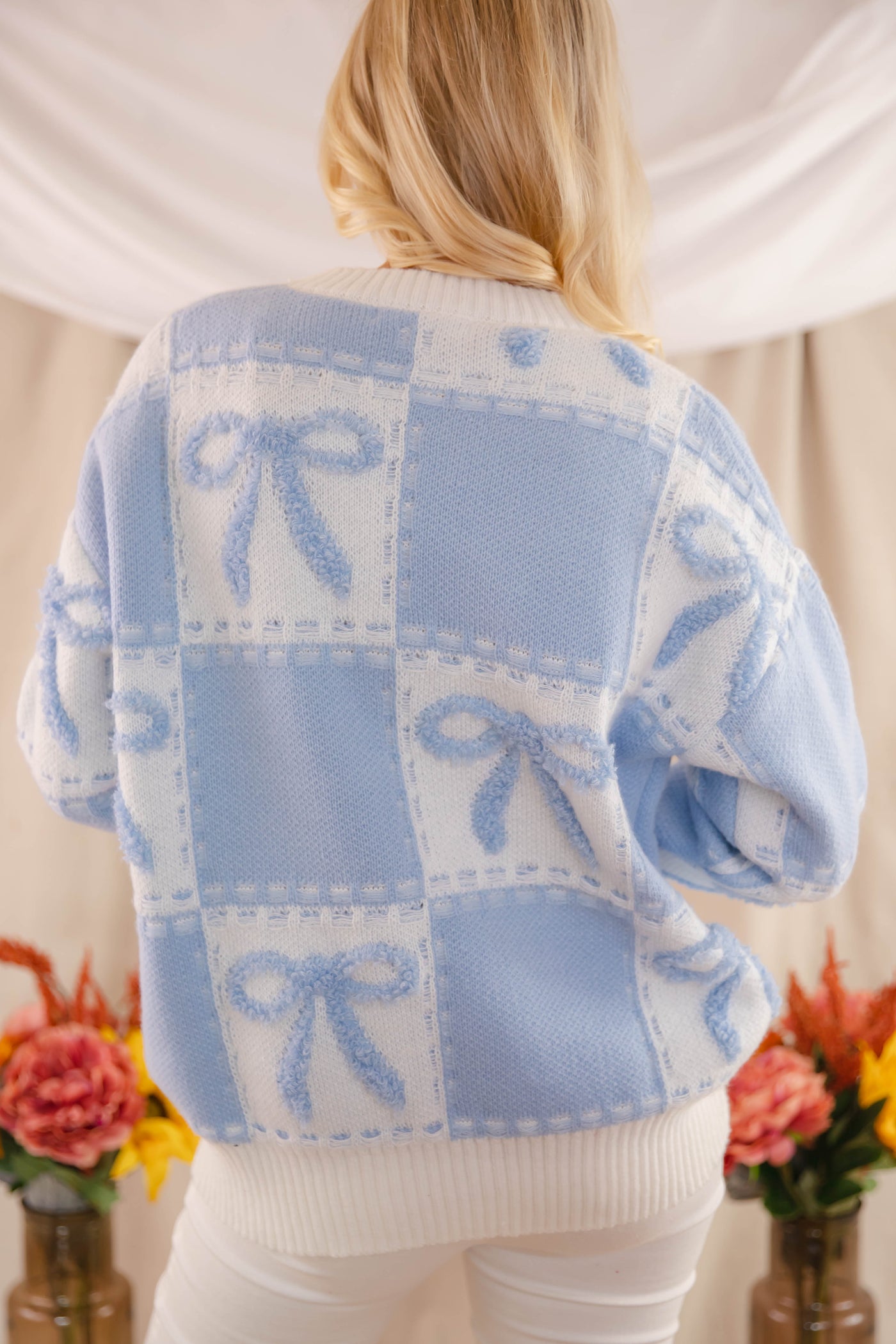 Blue Bow Embroidery Sweater- Women's Ribbon Sweater- Check Print Sweater