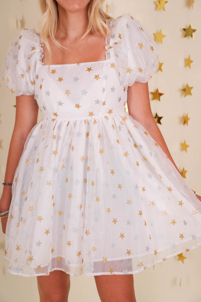 White Tulle Star Dress- Women's Glitter Star Dress- Main Strip Star Dress