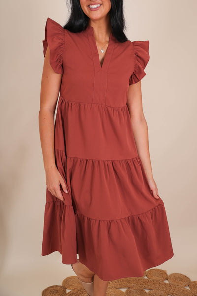 Women's Brown Midi Dress- Tiered Ruffle Midi Dress- Entro Ruffle Midi Dress