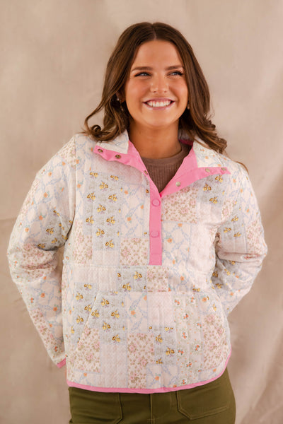 Quilted Patchwork Floral Print Pullover- Women's Quilted Pink Pullover