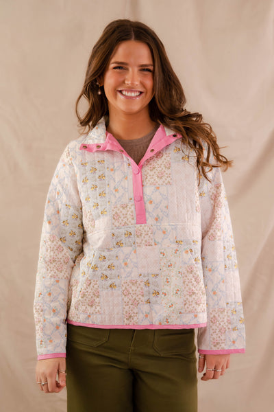 Quilted Patchwork Floral Print Pullover- Women's Quilted Pink Pullover