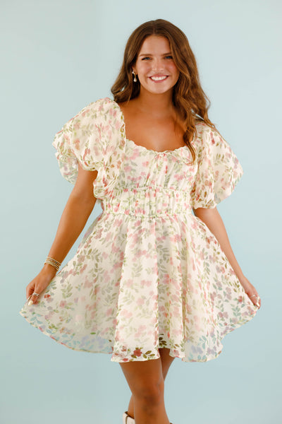 Floral Puff Sleeve Mini Dress- Vintage Inspired Dress- &Merci Bubble Dress