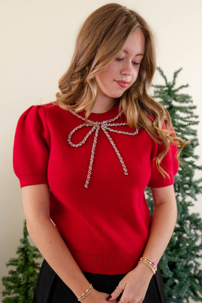 Elegant Sweater with Beaded Ribbon Design- Holiday Party Sweater- She + Sky Beaded Bow Sweater