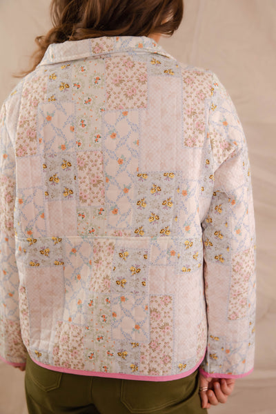 Quilted Patchwork Floral Print Pullover- Women's Quilted Pink Pullover