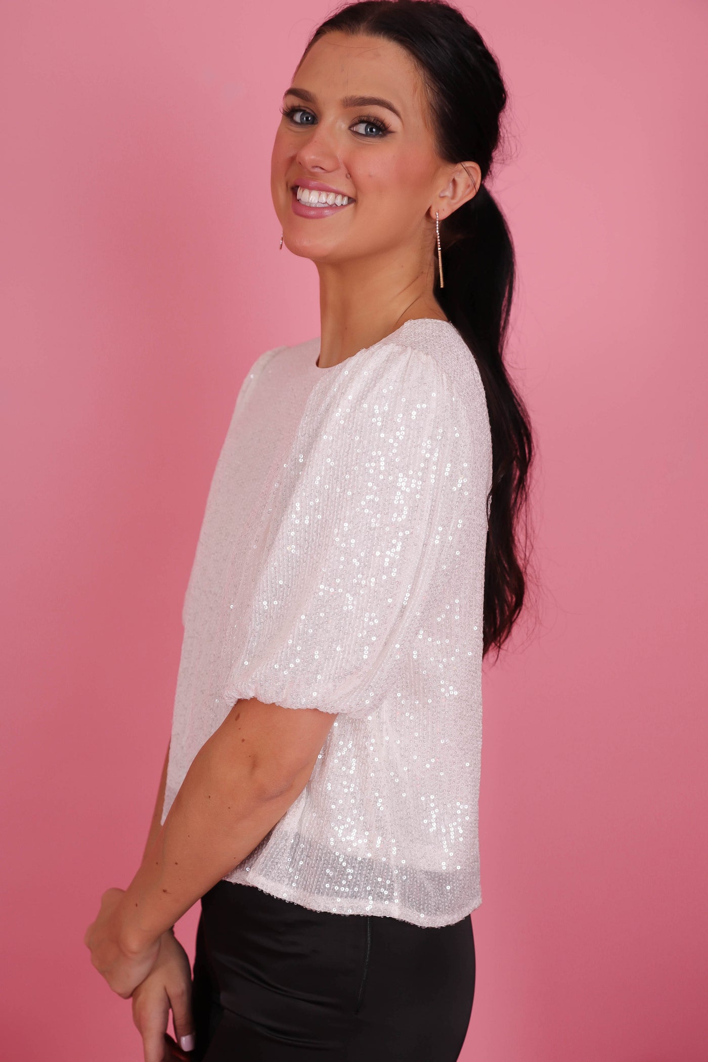 Women's White Sequin Blouse- Women's Holiday Tops- She + Sky Sequin Top