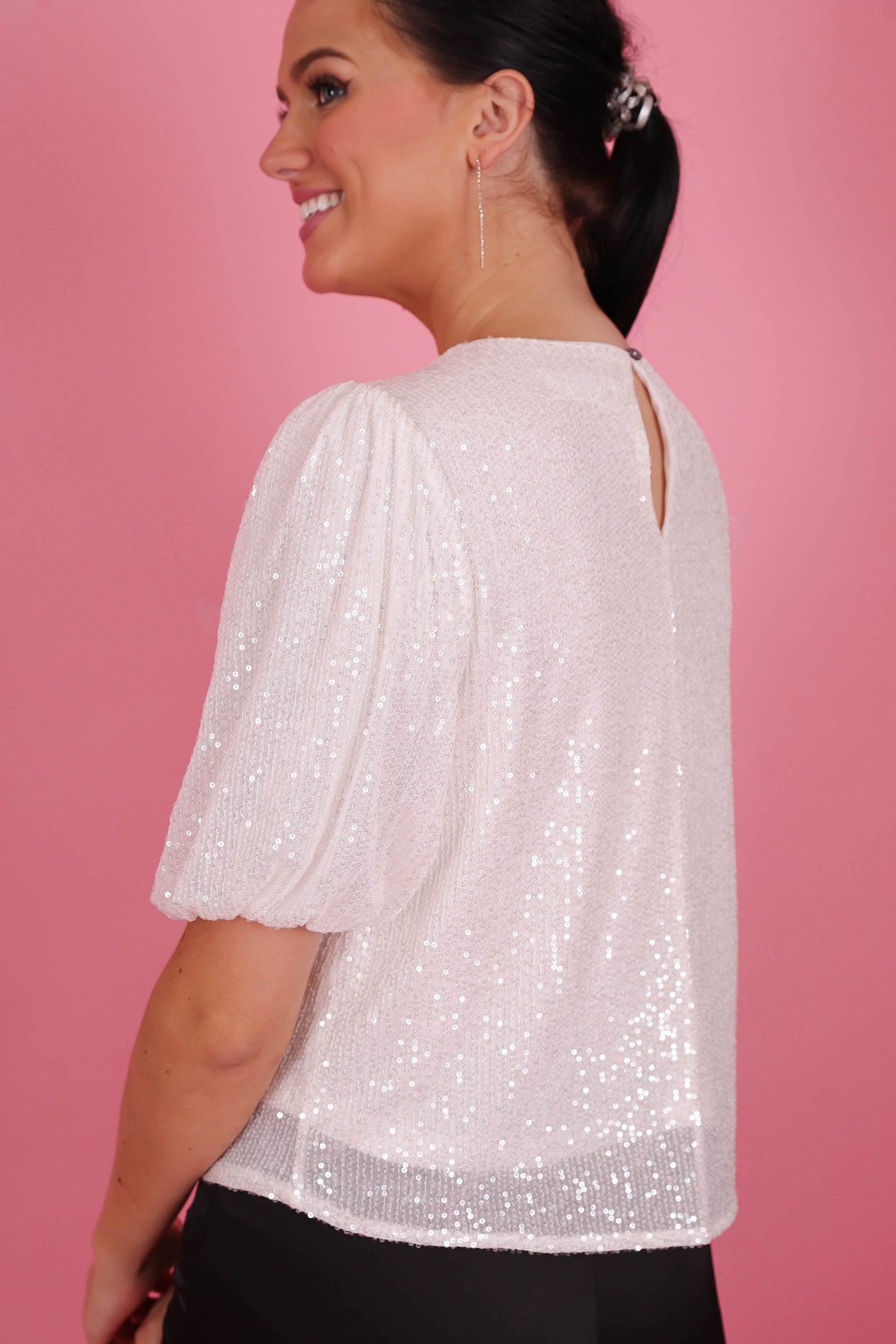 Women's White Sequin Blouse- Women's Holiday Tops- She + Sky Sequin Top