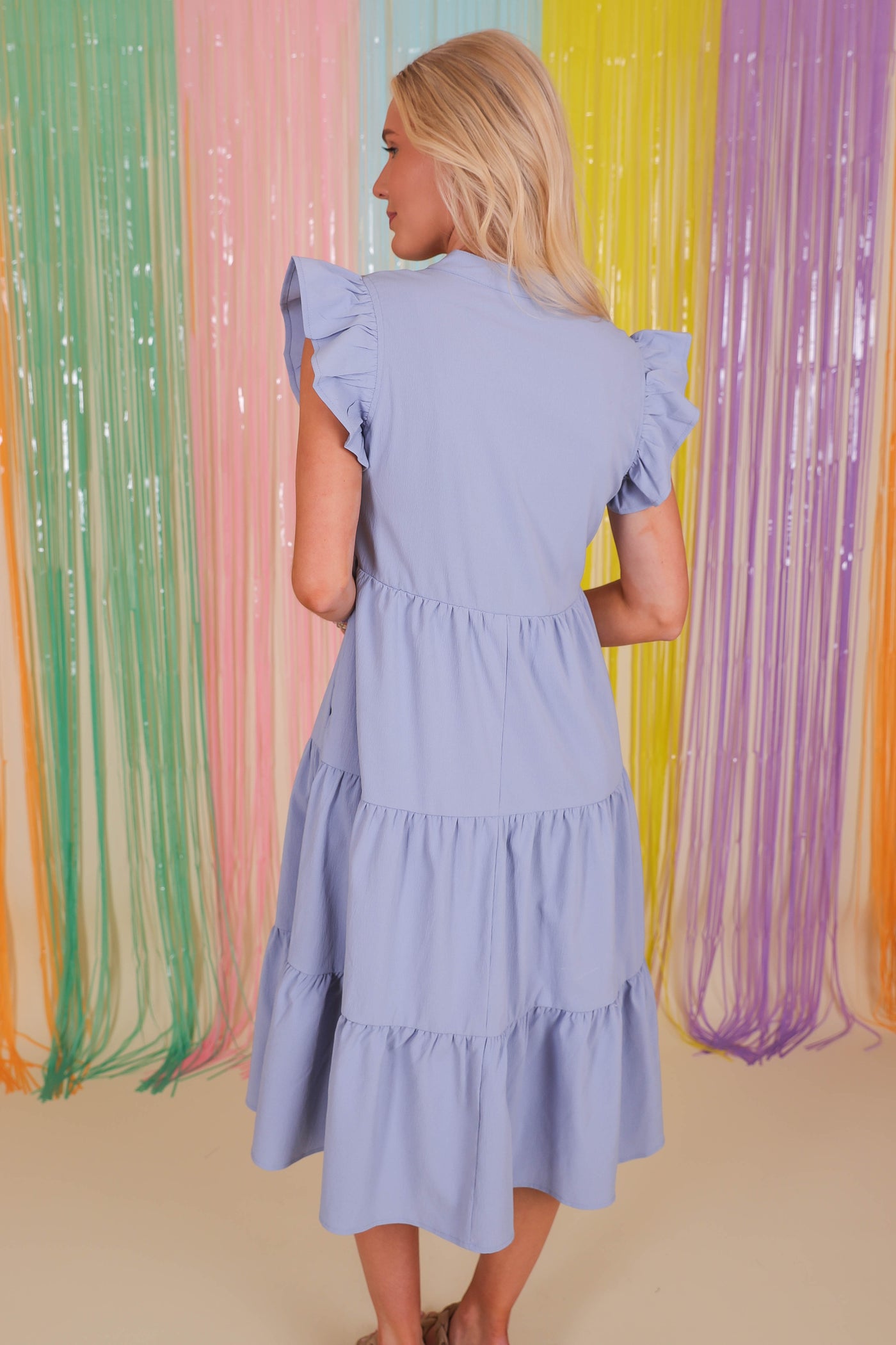 Women's Blue Midi Dress- Tiered Ruffle Midi Dress- Entro Ruffle Midi Dress
