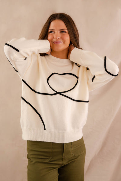 Women's Black and White Sweater- Fun Sweaters For Women- Swirl Design Sweater