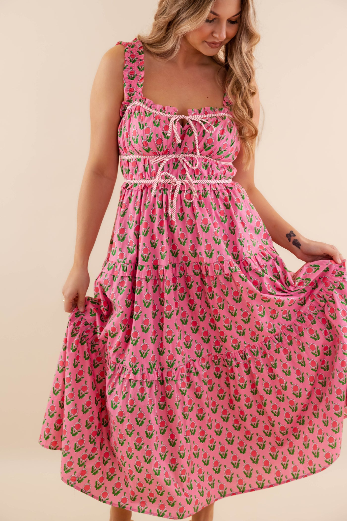 Pink Floral Smocked Midi Dress- Women's Pink Spring Dresses- Entro Floral Midi