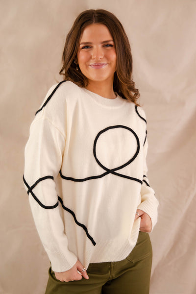 Women's Black and White Sweater- Fun Sweaters For Women- Swirl Design Sweater