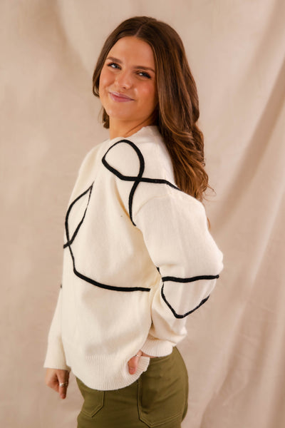 Women's Black and White Sweater- Fun Sweaters For Women- Swirl Design Sweater