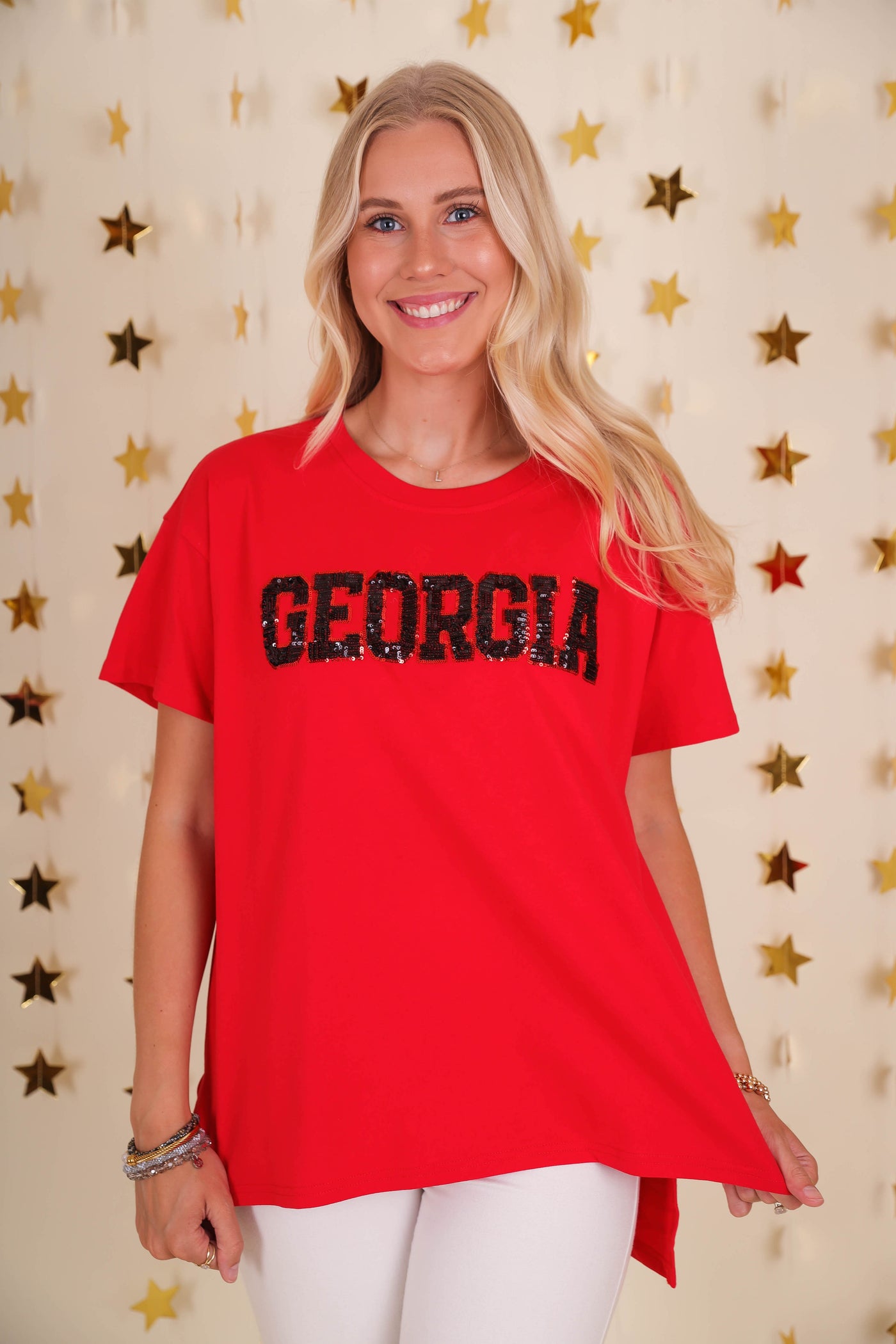 Women's Red Georgia Shirt- Sequin UGA Tee- Women's Cute UGA Top