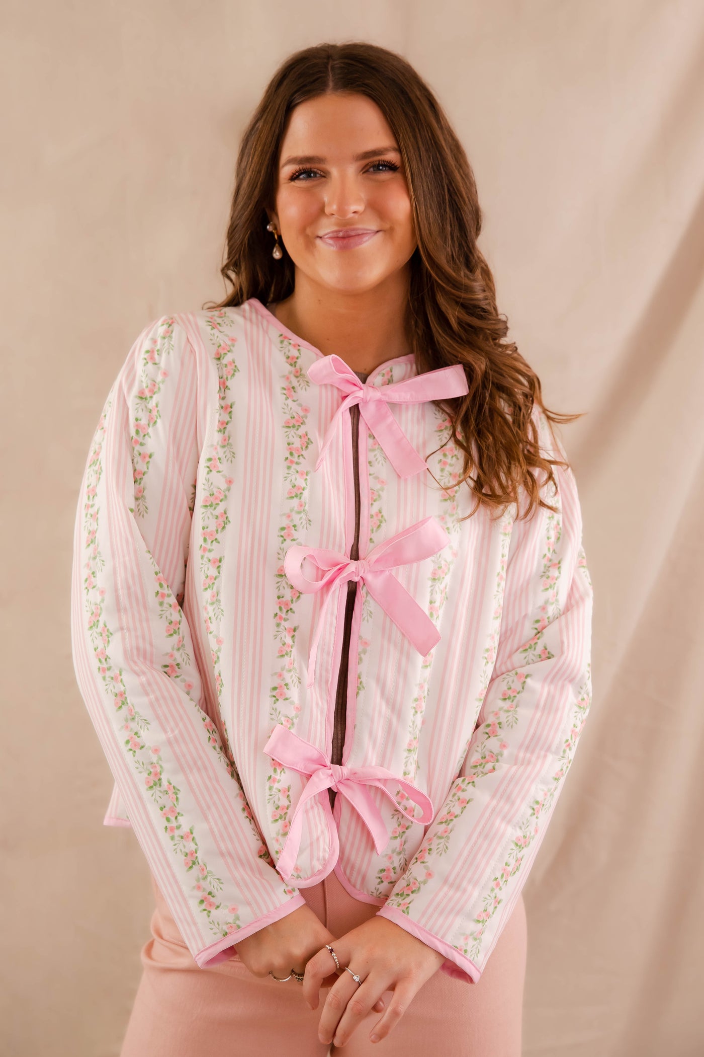 Feminine Quilted Jacket- Pink Floral and Stripe Coat- Bow Tie Front Jacket