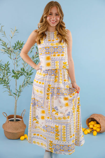 Bila77 Landa Skirt- Mediterranean printed maxi skirt- Matching Lemon Top and Skirt 