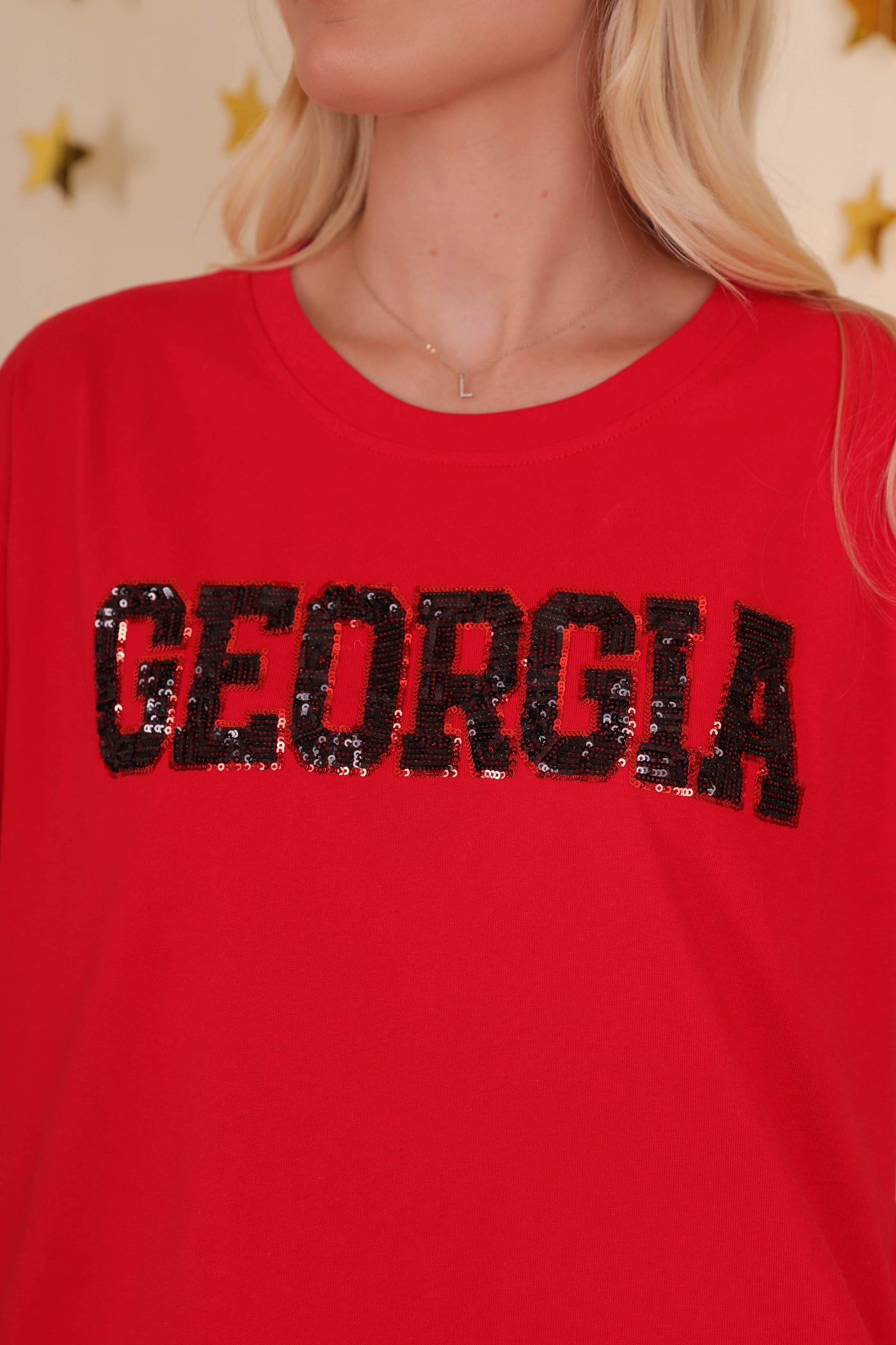 Women's Red Georgia Shirt- Sequin UGA Tee- Women's Cute UGA Top