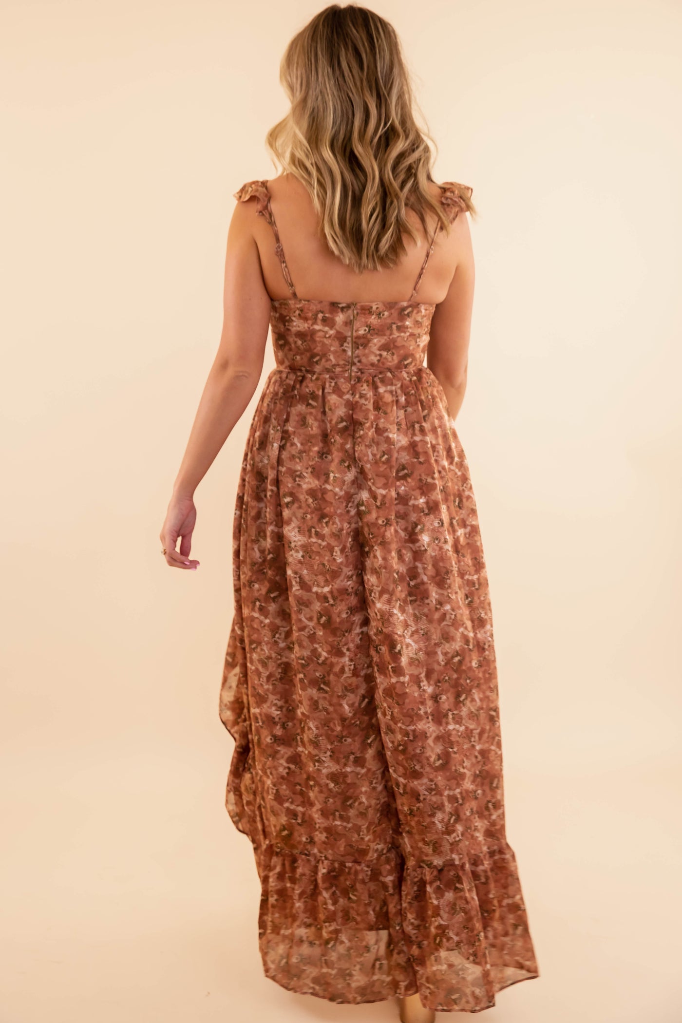 Women's Semi-Formal Dress- Cascading Ruffled Dress- Wedding Guest Dress- Storia Brown Floral Dress