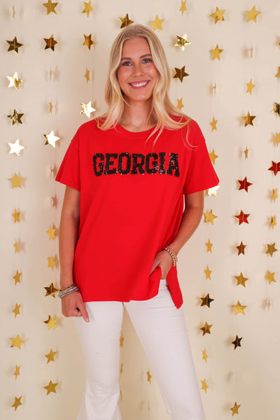 Women's Red Georgia Shirt- Sequin UGA Tee- Women's Cute UGA Top